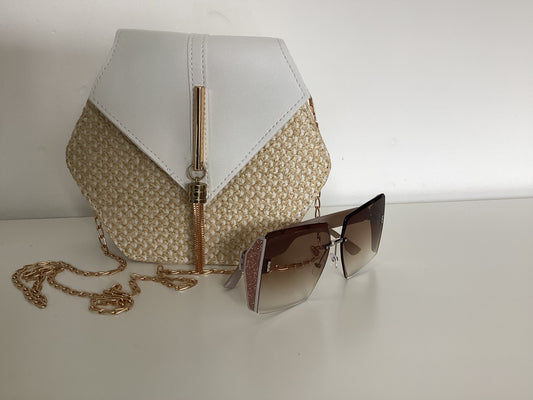 Hexagon straw crossover bag with large square sunglasses