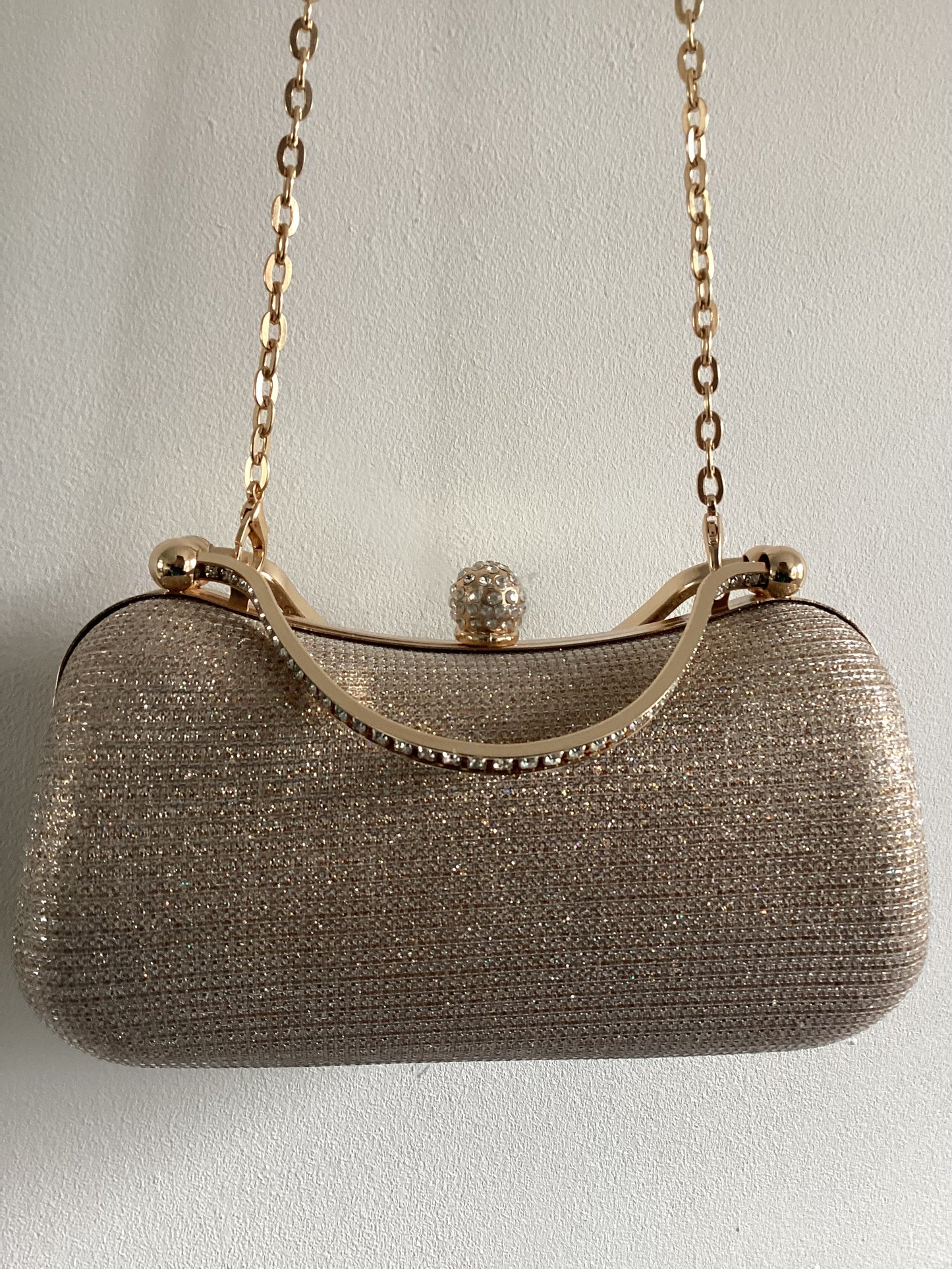 Gold Glitter Evening clutch bag with diamanté handles