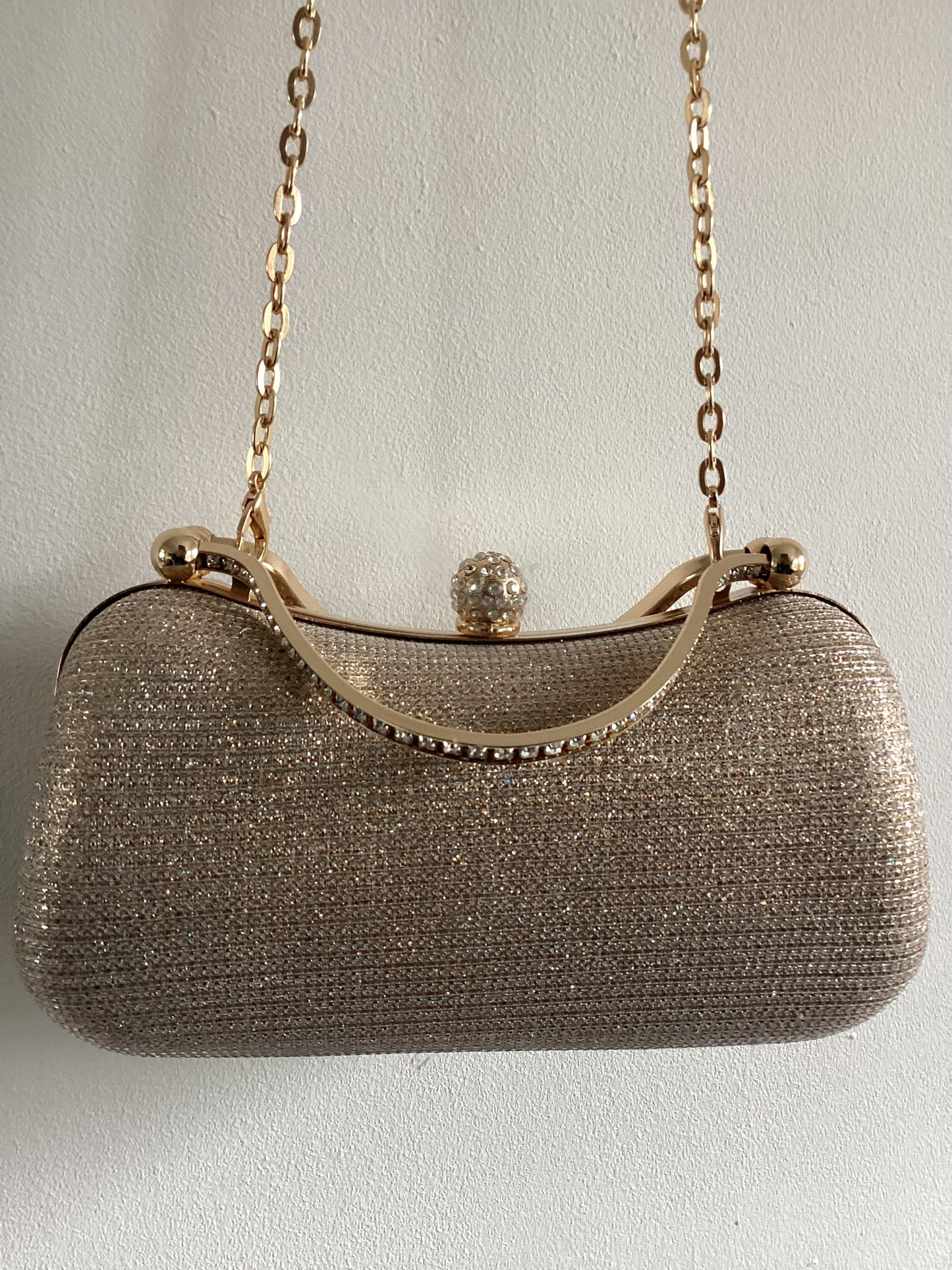 Gold Glitter Evening clutch bag with diamanté handles