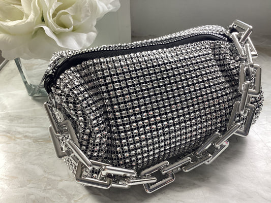 Rhinestone Bucket Bag with Square Chain