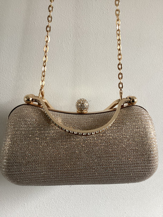 Gold Glitter Evening clutch bag with diamanté handles