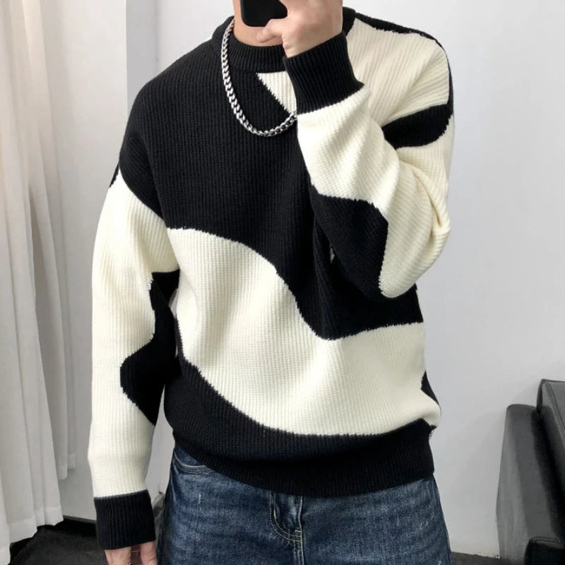 Man Clothes Round Collar Pullovers Knitted Sweaters for Men Crewneck Colour Matching  Casual Jumpers